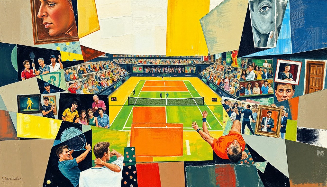 A cubist-style painting depicting a tennis match or competition, with the players and court broken down into sharp, overlapping geometric shapes and planes, creating a dynamic and abstract visual representation of the event.