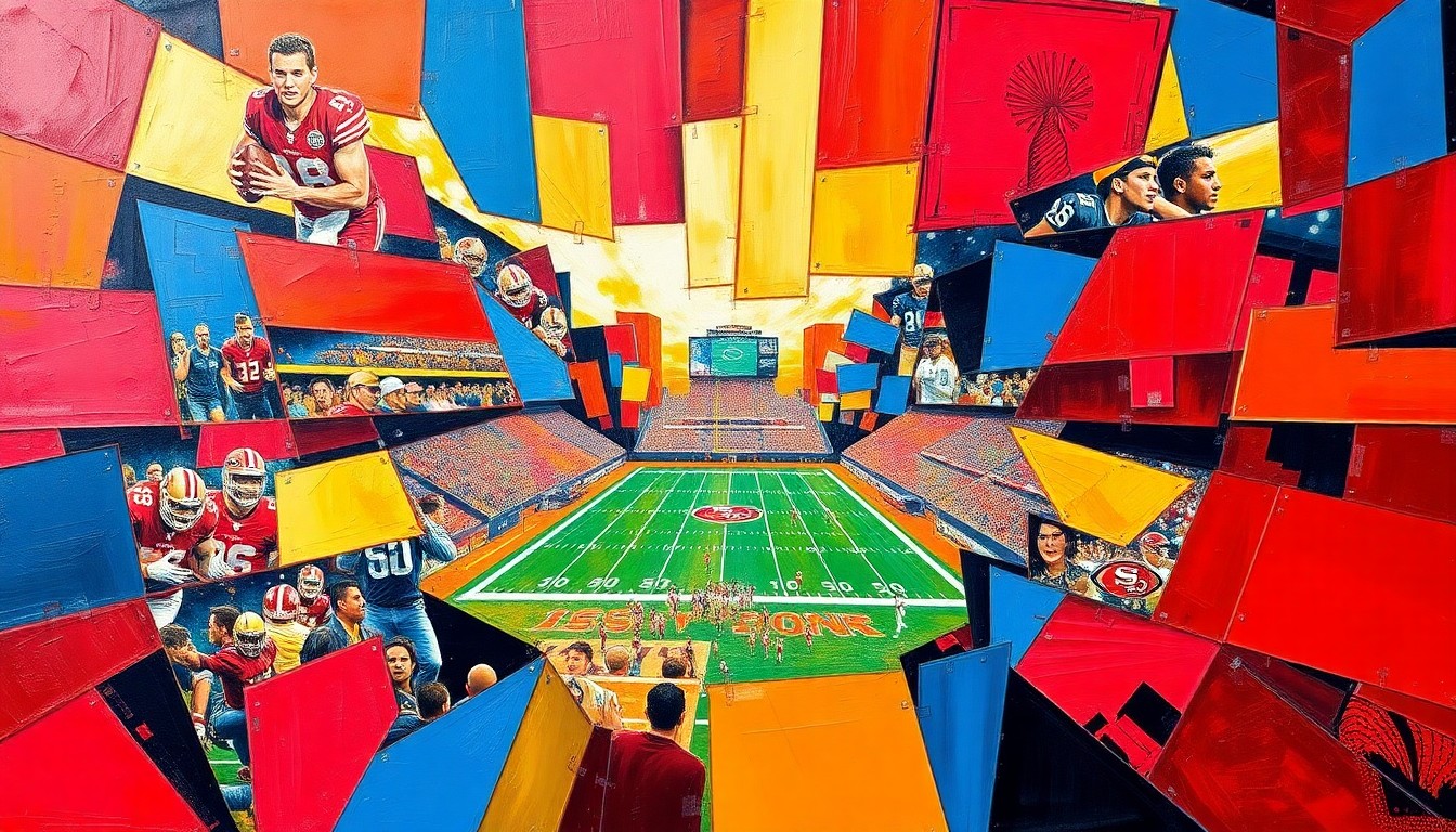 A fractured, multi-perspective painting in bold colors, breaking down a football game into sharp, overlapping geometric shapes and planes, conceptually representing the 49ers' injury issues.