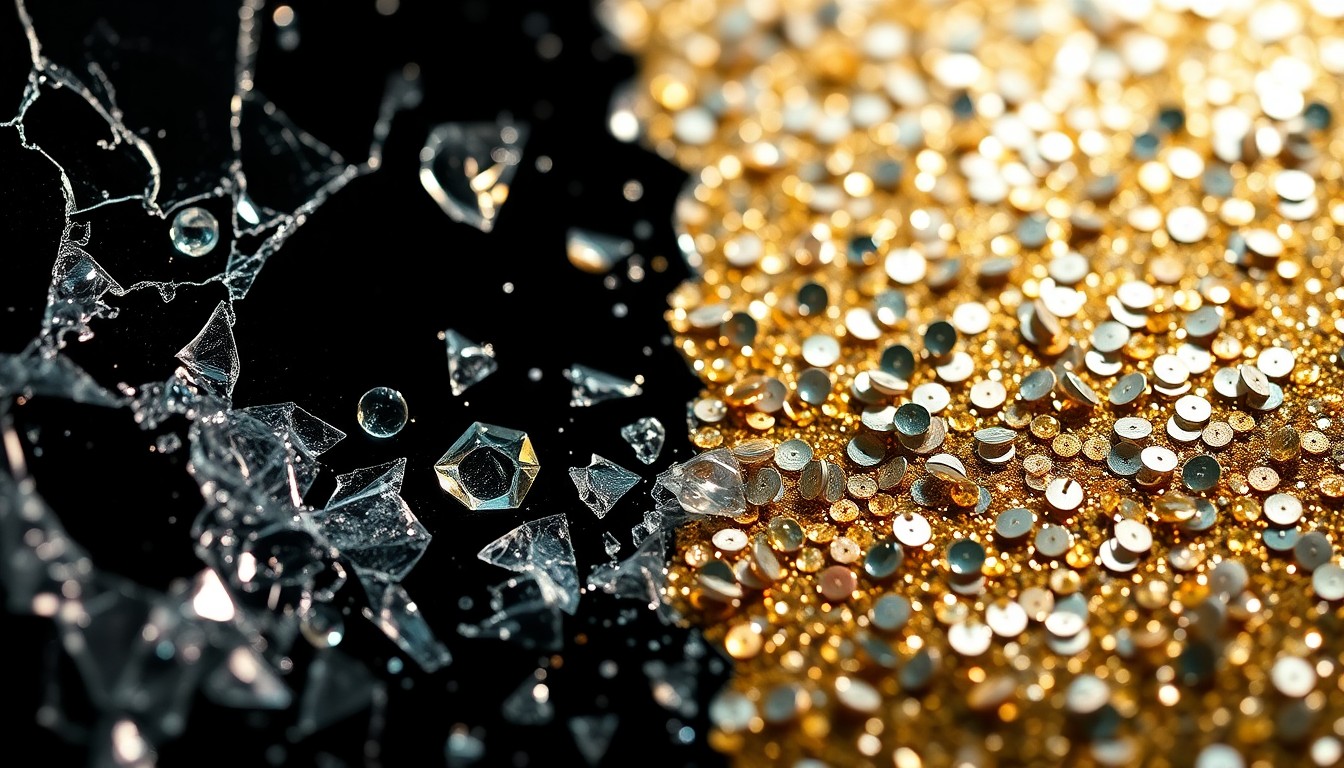 An extreme close-up photograph of shattered glass and glittering sequins, capturing the high-contrast, high-fashion aesthetic of the entertainment industry and the sense of loss surrounding the passing of Rob and Michele Reiner.