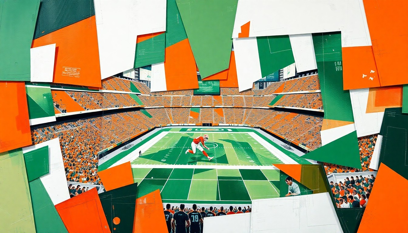 A cubist, geometric painting in Miami's team colors, depicting a fragmented and overlapping scene of a college football game, capturing the energy and depth of the Hurricanes' roster.
