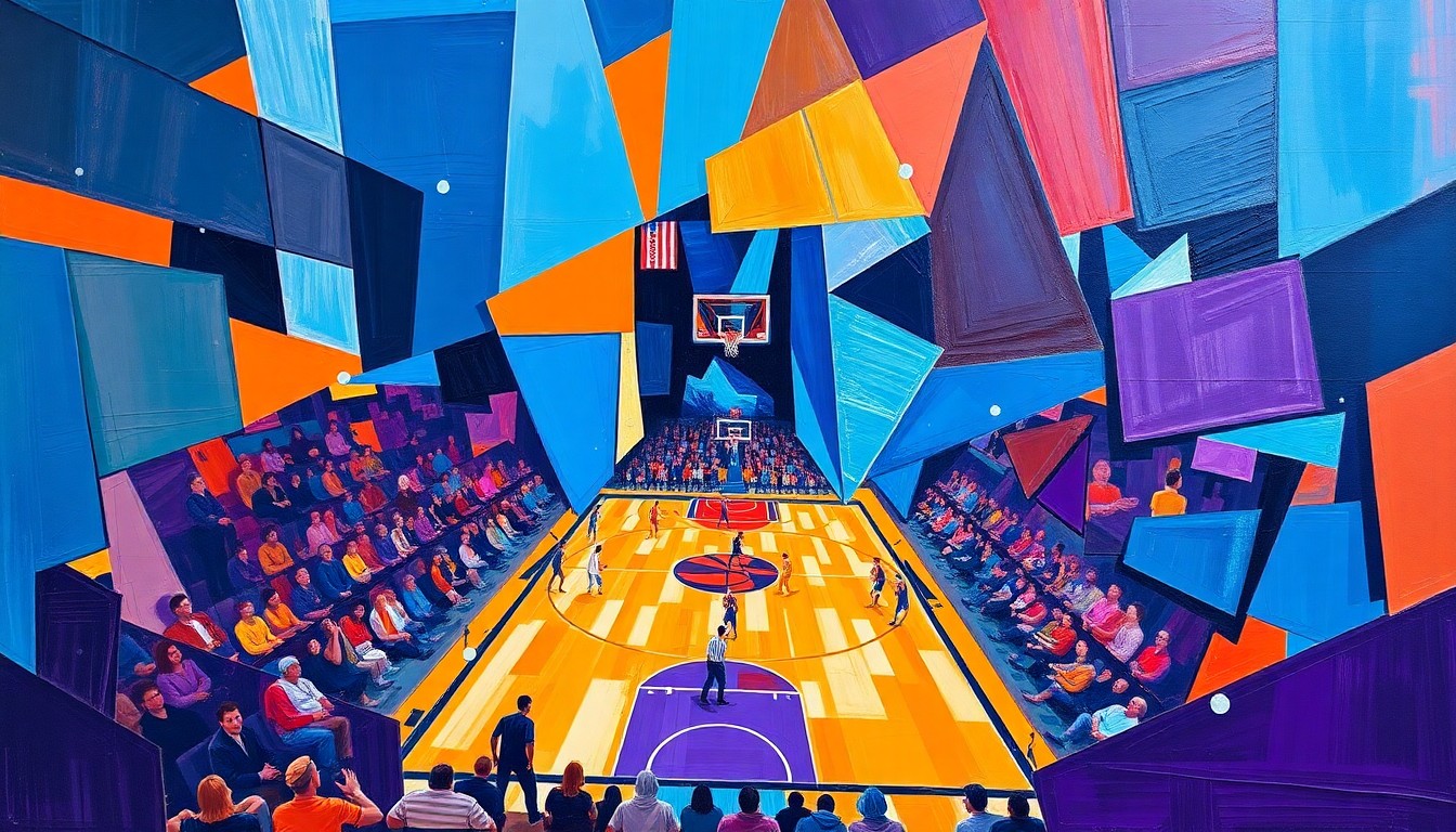 A fractured, cubist-style painting depicting the action and energy of a college basketball game, with sharp geometric shapes and planes in vibrant colors like blue, orange, and purple, capturing the intensity and dynamics of the match.
