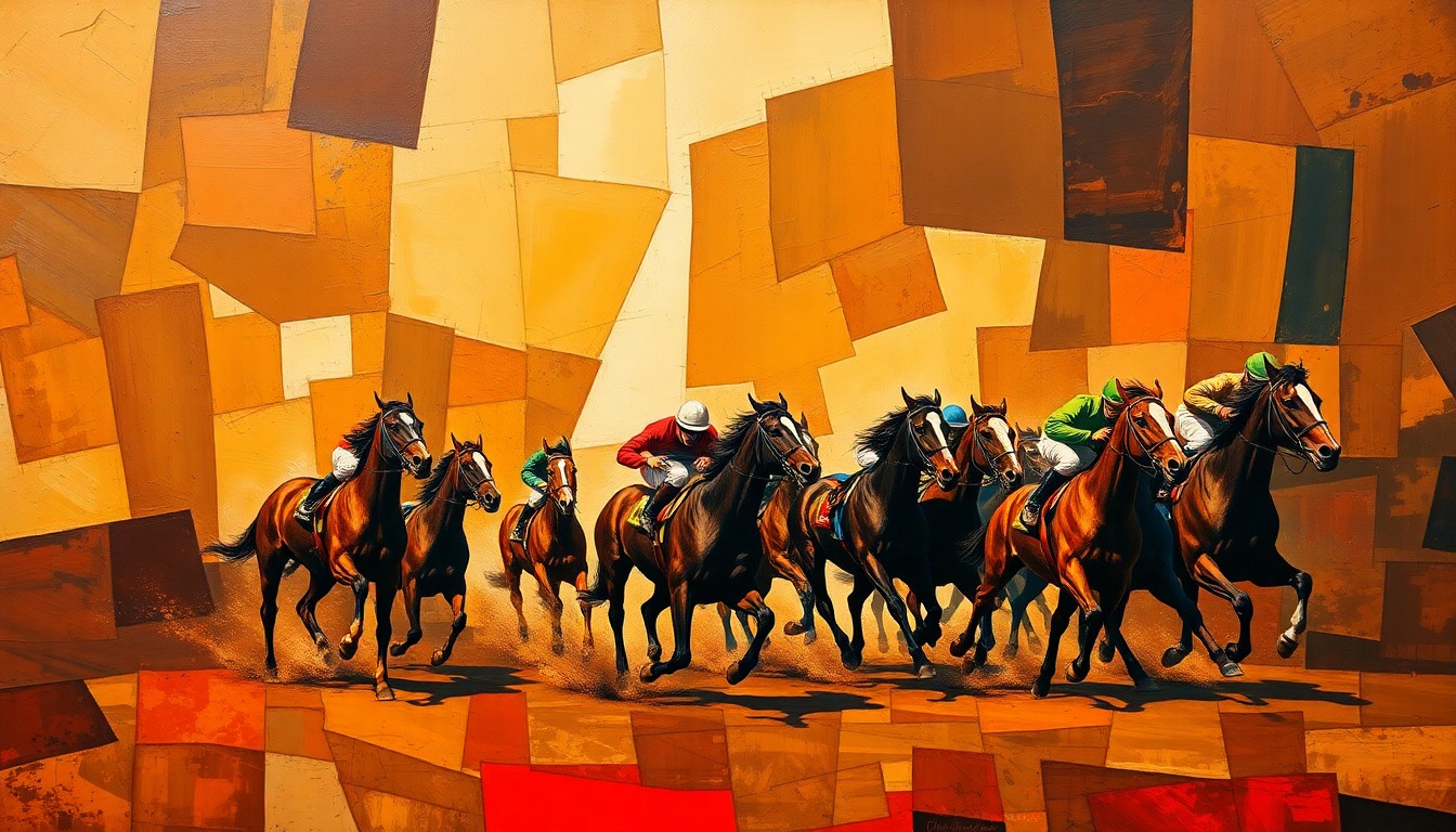 A fragmented, geometric painting depicting a horse race, with the horse and jockey broken down into sharp, overlapping planes of color, conveying the dynamic motion and intensity of the competition.