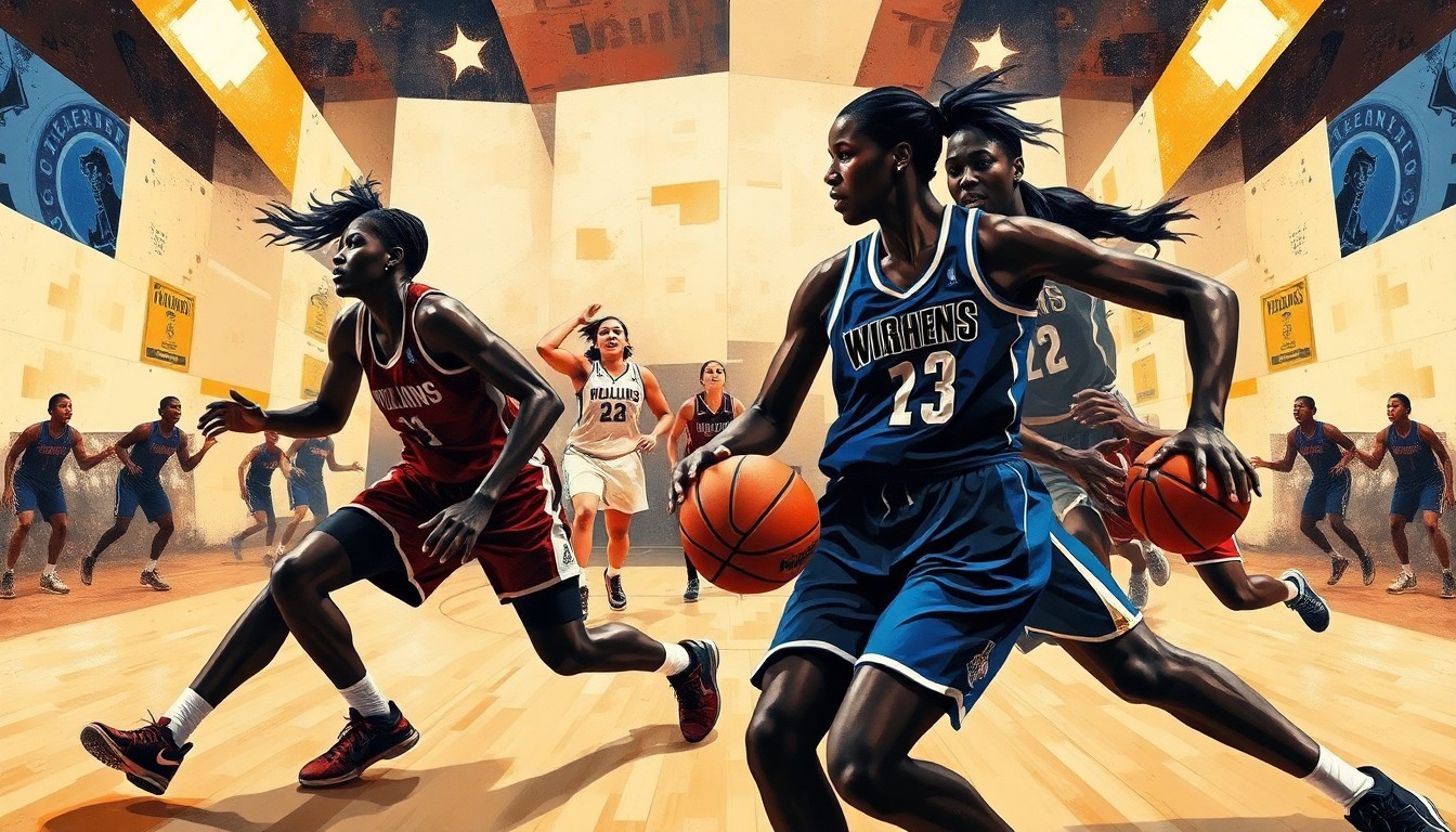 A cubist, geometric painting depicting the dynamic movement and energy of a WNBA basketball game, with the players' forms deconstructed into abstract shapes and planes.