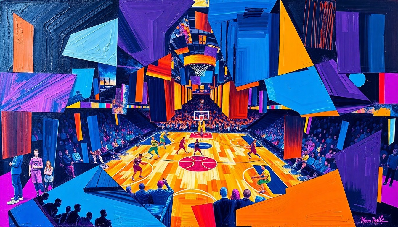 A cubist, geometric painting depicting a basketball game or match, with sharp, overlapping planes of color representing the action on the court.