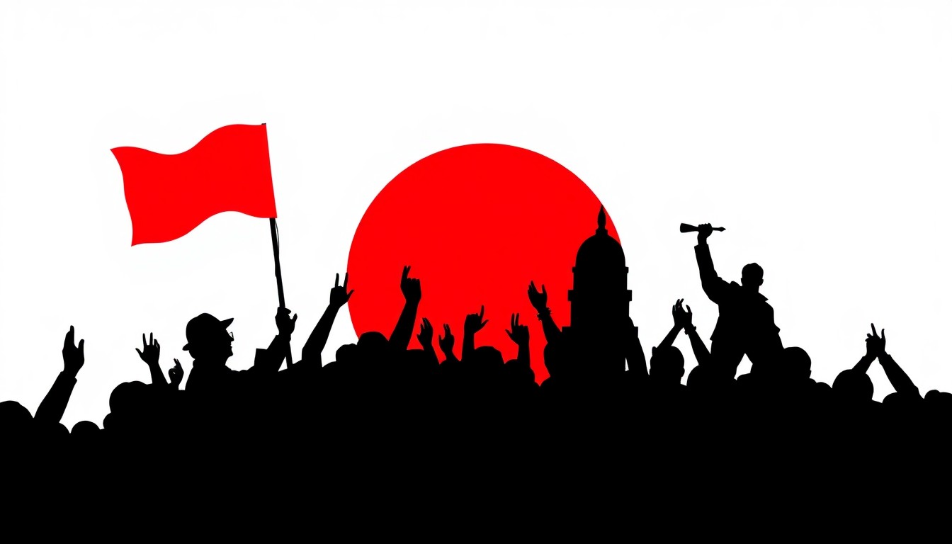 A bold, abstract illustration featuring sharp, jagged shapes in contrasting red and black, conceptually representing the political and musical themes of Bruce Springsteen's tour.