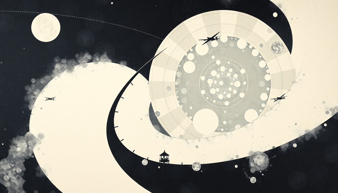 A bold, abstract painting in soft blues, greens, and oranges, featuring sweeping geometric arcs and concentric circles representing the Artemis II spacecraft's journey around the moon, conveying the structural order and precision of the mission.