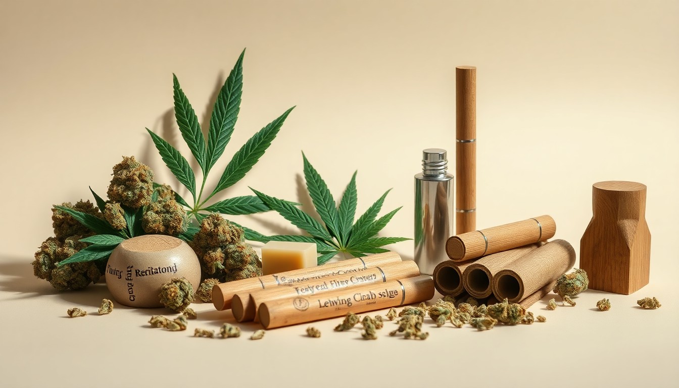 A high-end, photorealistic studio still-life photograph featuring a display of premium hemp flower buds, pre-rolled joints, and other hemp-derived products arranged elegantly on a clean, monochromatic background, conceptually representing the abstract concepts of regulation, legality, and consumer demand in the hemp industry.