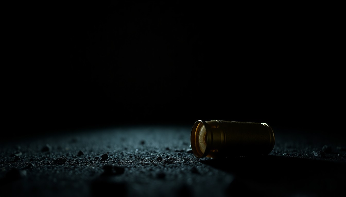 An extreme close-up photograph of a spent shell casing on the ground, the metallic surface reflecting the harsh light of the camera flash, conveying the serious and investigative nature of the crime scene.