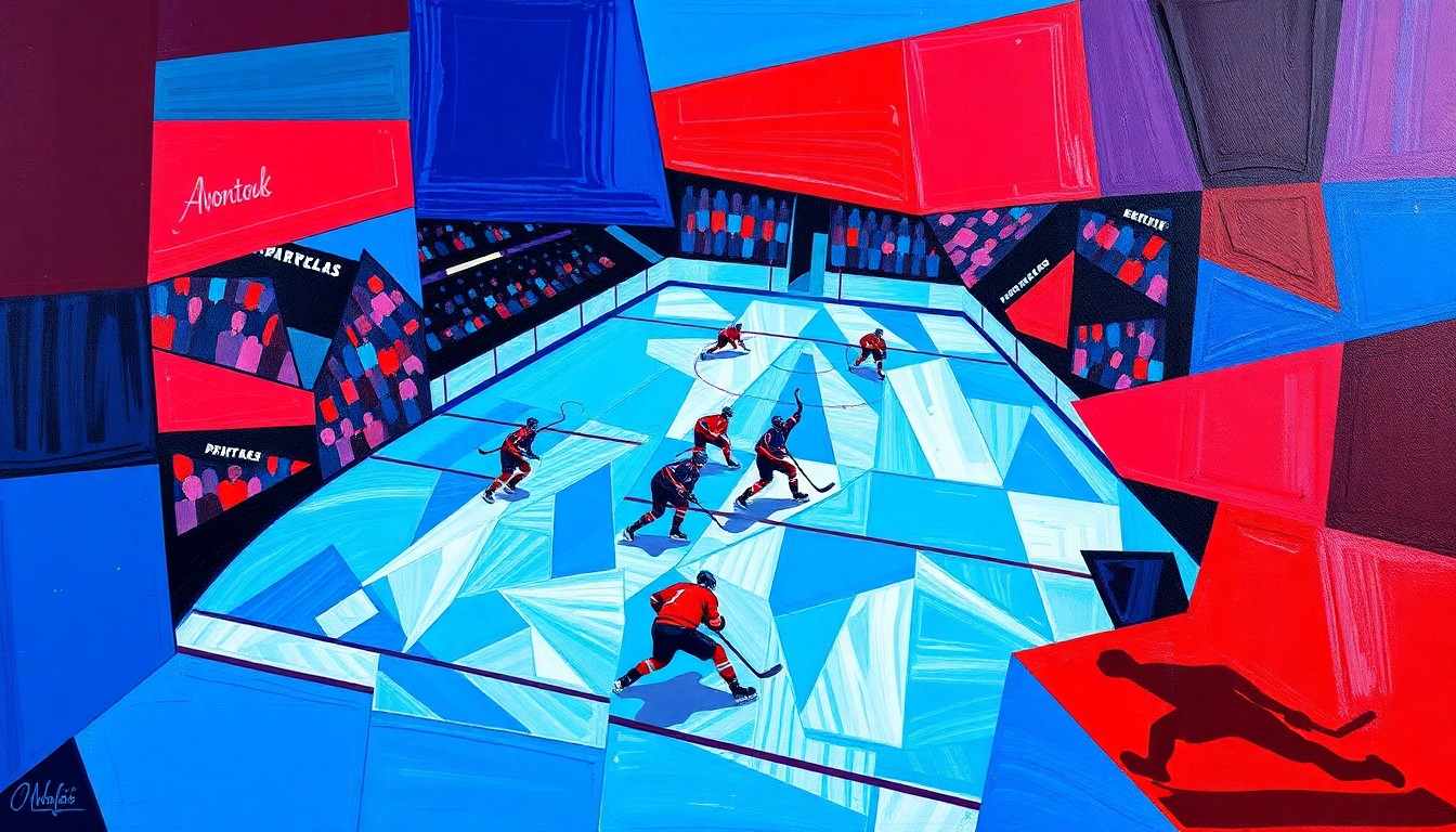 A fragmented, geometric painting depicting the dynamic movements and clashing forces of a hockey game, with sharp planes of color and overlapping perspectives creating a sense of speed and intensity.