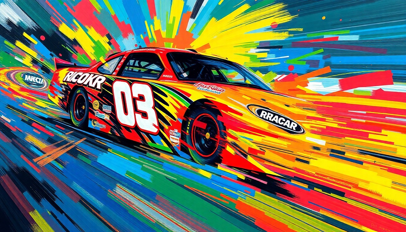 An abstract, expressionist painting in neon colors depicting the raw energy and movement of a NASCAR race, with the car and driver blending into a colorful, dynamic composition.