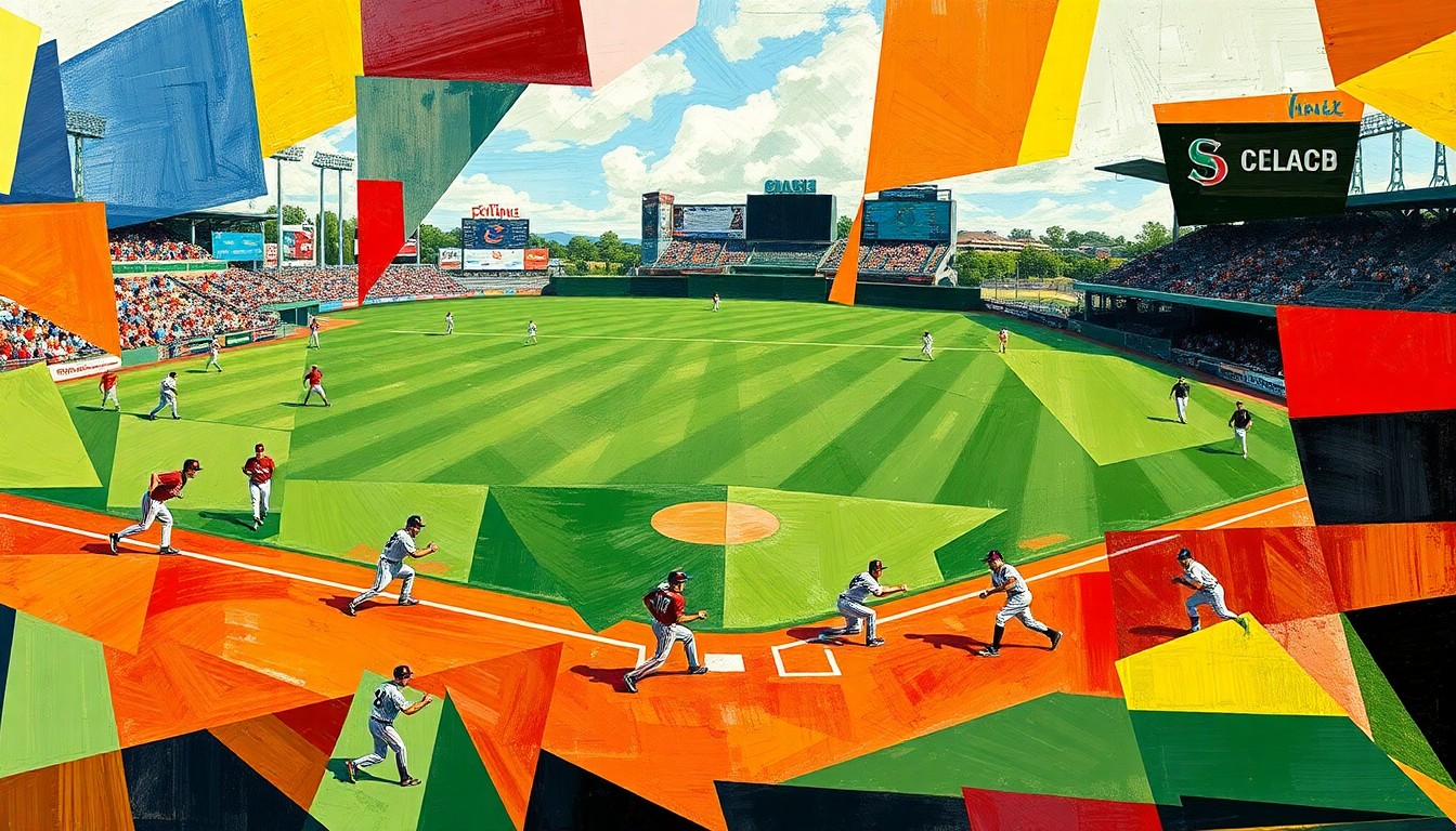 A fractured, multi-perspective painting featuring sharp, overlapping geometric planes of color representing the movements and action of a college baseball game, conceptually illustrating a series victory.
