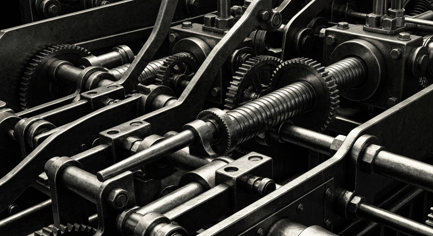 An extreme close-up of various metal and mechanical components that make up the inner workings of a banking institution, conveying a sense of the complex, industrial nature of modern finance.