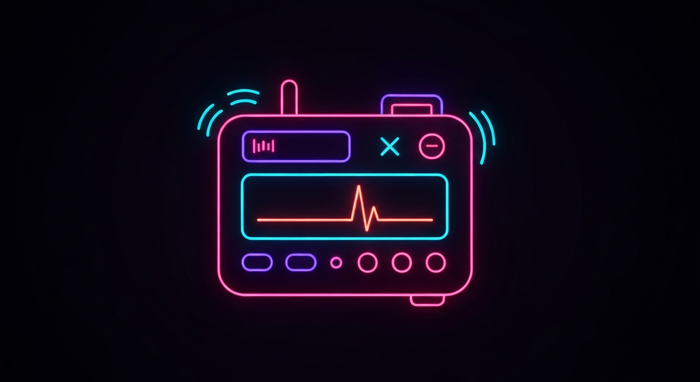 A glowing, vibrant neon outline of a heart monitor or other medical device against a dark background, conceptually representing the competitive energy in the medical technology industry.