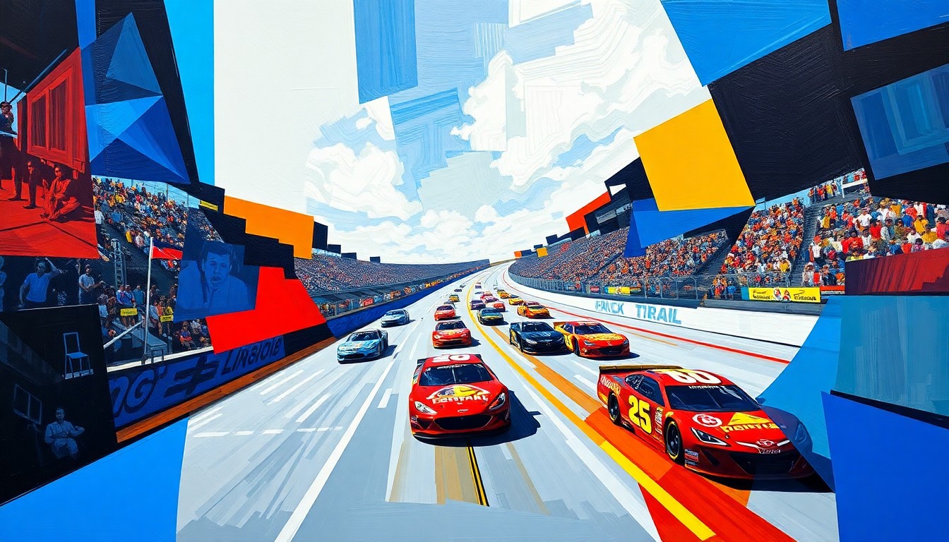 An abstract, cubist-style painting featuring overlapping geometric shapes and planes of color representing the cars and drivers competing in a NASCAR race, conveying the speed, energy, and intensity of the event.