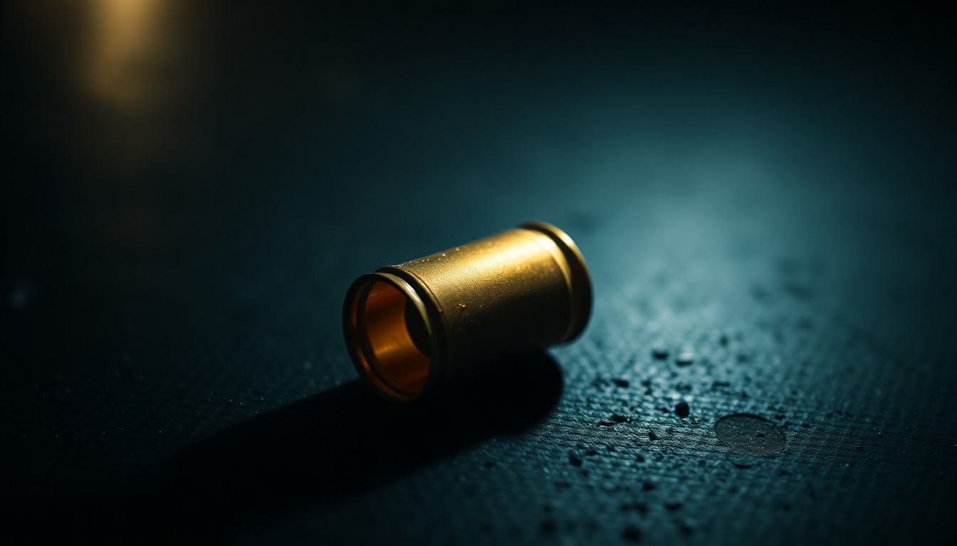 An extreme close-up of a spent shell casing on a dark, textured surface, lit by a harsh camera flash, conceptually representing the aftermath of a violent crime.