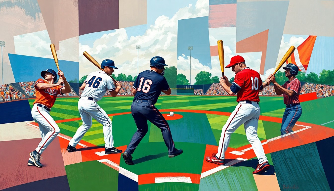 A fragmented, geometric painting depicting the dynamic motion and competition of a Legion baseball game, with players, bats, balls, and the field rendered in an abstract cubist style.