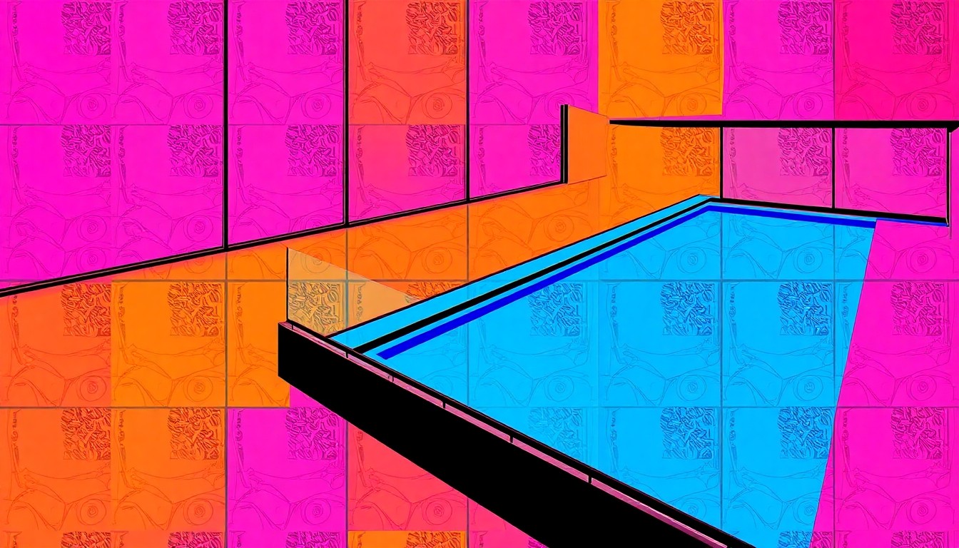 A high-contrast, silkscreen-style illustration featuring a repeated image of a suspended glass bridge, rendered in a vibrant neon color palette that captures the contemporary, luxurious nature of the home's unique design.
