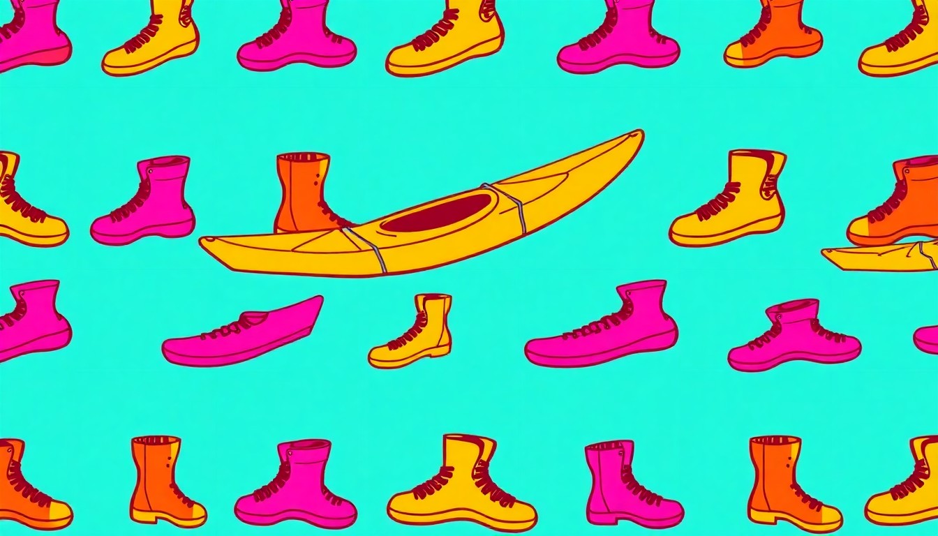 A brightly colored, high-contrast silkscreen print of an iconic Austin outdoor object such as a kayak or hiking boot, repeated in a tight grid pattern in the style of Andy Warhol, capturing the active lifestyle and natural beauty of this unique property.