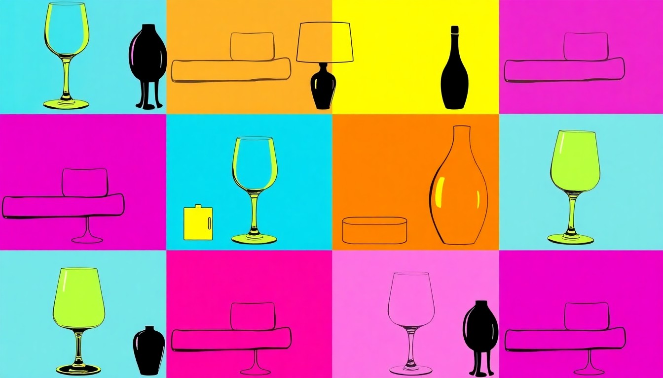 A brightly colored, high-contrast silkscreen print of a single, iconic luxury condominium object like a wine glass or designer lamp, repeated in a tight grid pattern to capture the essence of modern urban luxury living.