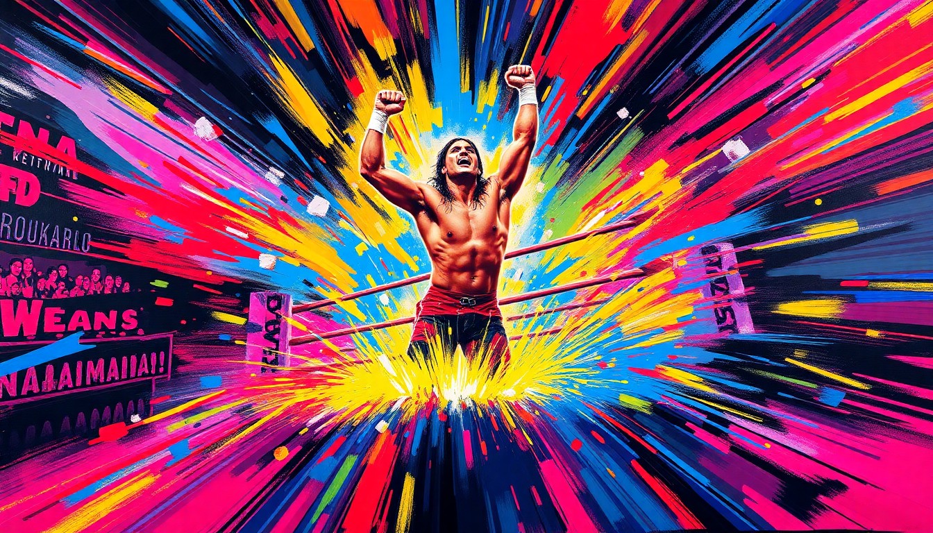 An abstract, expressionist painting in neon colors depicting the intense physical action and energy of a wrestling match, with figures and movements blending together in a dynamic, almost chaotic composition.