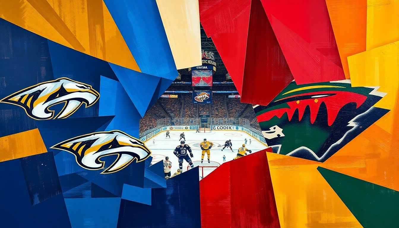A cubist, geometric painting depicting a hockey game between the Nashville Predators and Minnesota Wild, with sharp, overlapping planes of blue, gold, and red capturing the dynamic action on the ice.