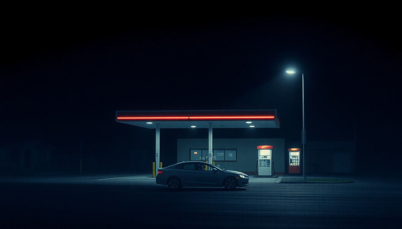 A dimly lit gas station at night, with a single car parked under a flickering streetlight. The scene has a quiet, melancholic mood, reflecting the tragedy of the incident.