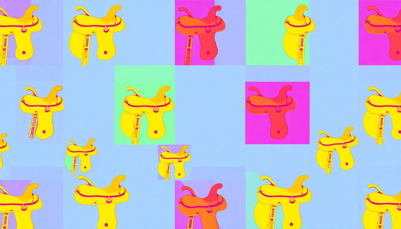 A brightly colored, high-contrast silkscreen print of a single, iconic ranch object such as a horse saddle, repeated in a tight grid pattern, capturing the elevated lifestyle of this Texas Hill Country property.