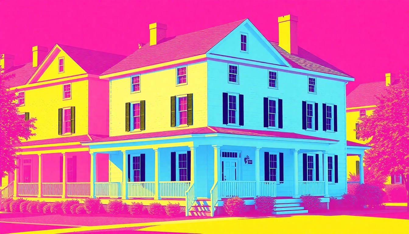 A brightly colored, high-contrast silkscreen print of a classic white stone house with a large front porch, repeated in a tight grid pattern in the style of Andy Warhol.