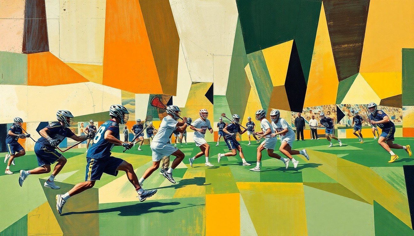 A cubist-style painting depicting the chaotic action of a men's lacrosse game, with players and the ball fragmented into overlapping geometric shapes and planes of color.