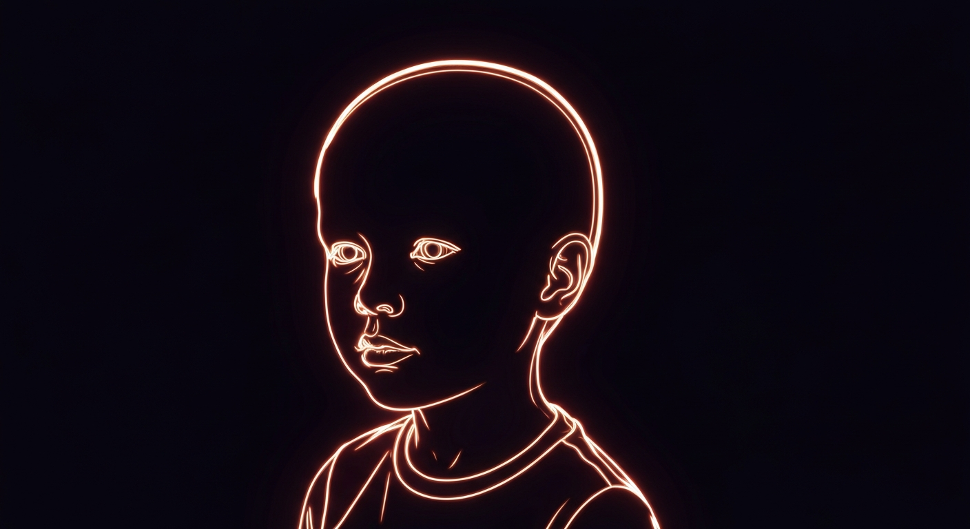 A minimalist, neon-outlined illustration of a child's head against a dark background, the lines pulsing and shifting to convey the adaptability and resilience of the mind when facing adversity.
