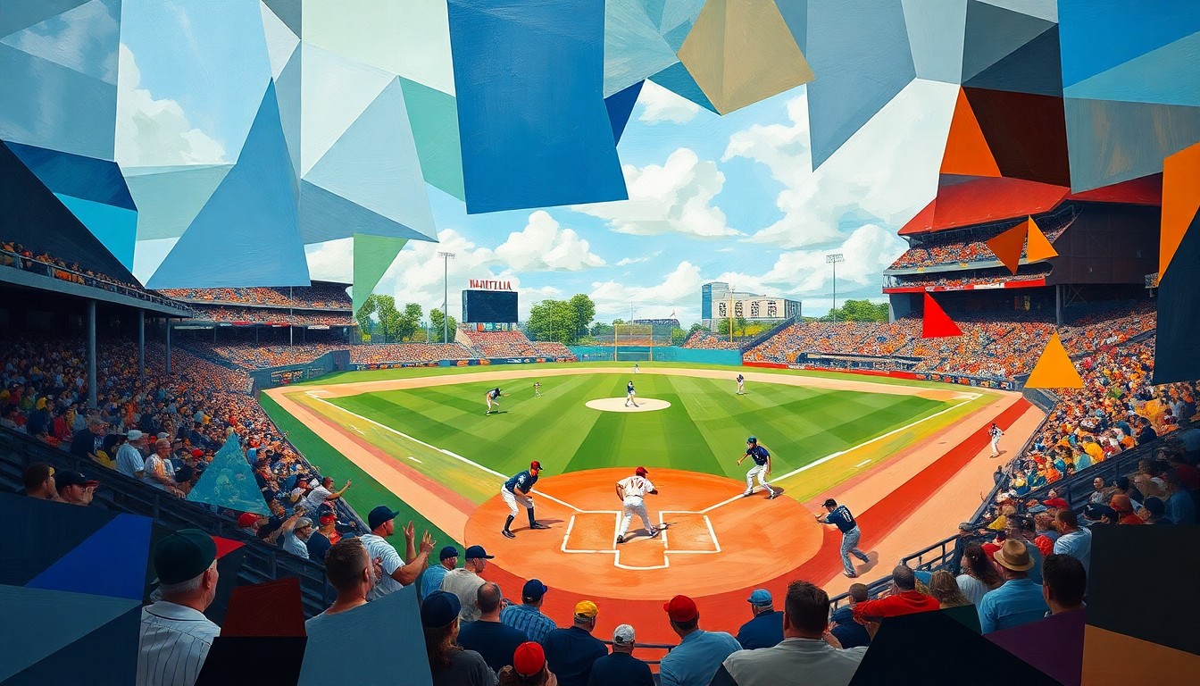 A fragmented, geometric painting in bold colors depicting the motion and action of a baseball game, with players and the field reduced to overlapping angular shapes.