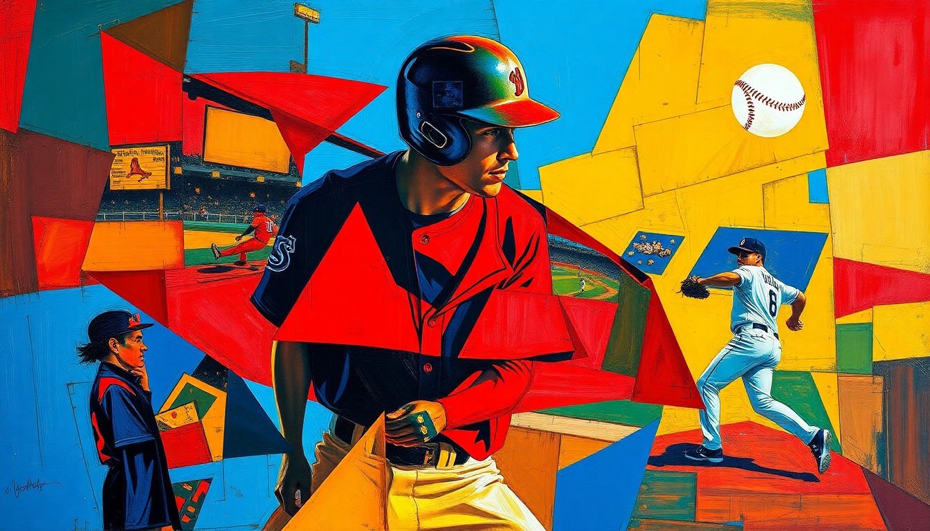 A cubist, geometric painting depicting a baseball player or game scene, with sharp, overlapping planes of color and form that capture the dynamism and energy of the sport.