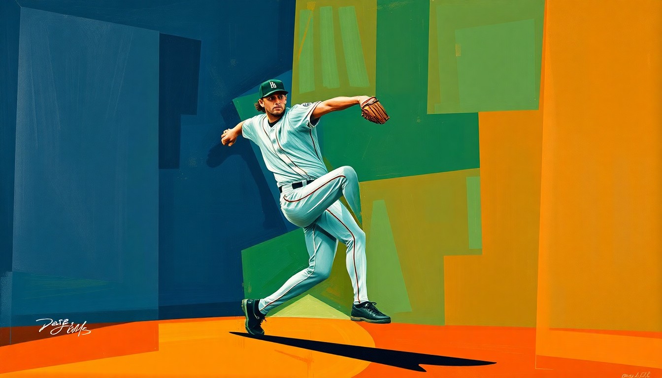 A cubist, geometric painting depicting the fragmented motion of a baseball pitcher's windup and delivery, with sharp, overlapping planes in navy, green, and orange.