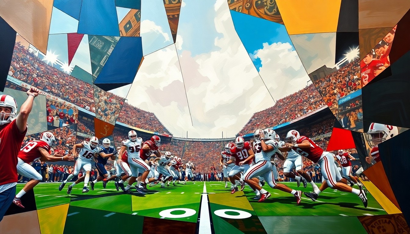 A fractured, cubist-style painting depicting the energy and movement of a college football game between the Oklahoma Sooners and Alabama Crimson Tide, with the players' forms broken down into sharp, overlapping geometric shapes and planes.