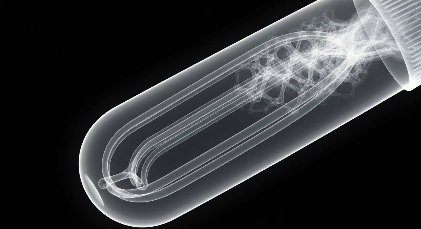 A ghostly, translucent X-ray image of a medical laboratory test tube, revealing its intricate internal structure against a dark background, conceptually representing the complex issues of healthcare fraud and the need for transparency in patient care.