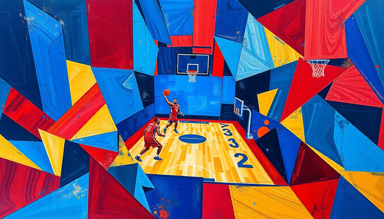 A cubist, geometric painting depicting fragmented, overlapping shapes and planes in shades of blue, red, and gold, representing the dynamic action and energy of a WNBA basketball game.