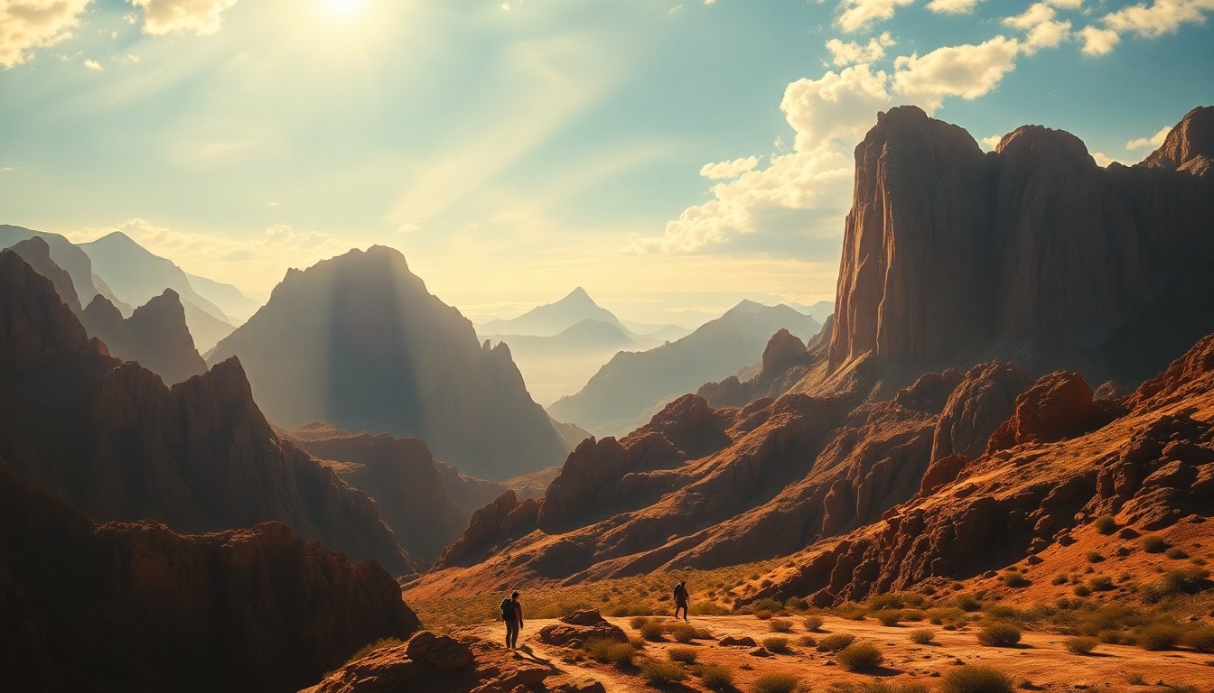 A vast, majestic landscape painting depicting the rugged, sun-drenched mountains of Phoenix, Arizona, with a small, obscured group of hikers dwarfed by the towering rock formations.