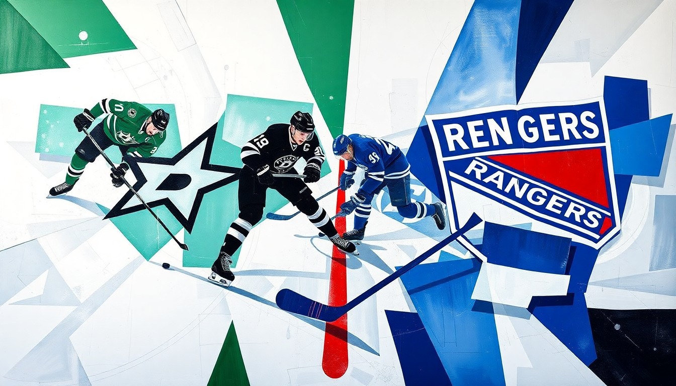 A cubist, geometric painting depicting the dynamic action of a hockey game between the Dallas Stars and New York Rangers, with the players' movements and the puck represented as abstract shapes and angles in the team's colors.