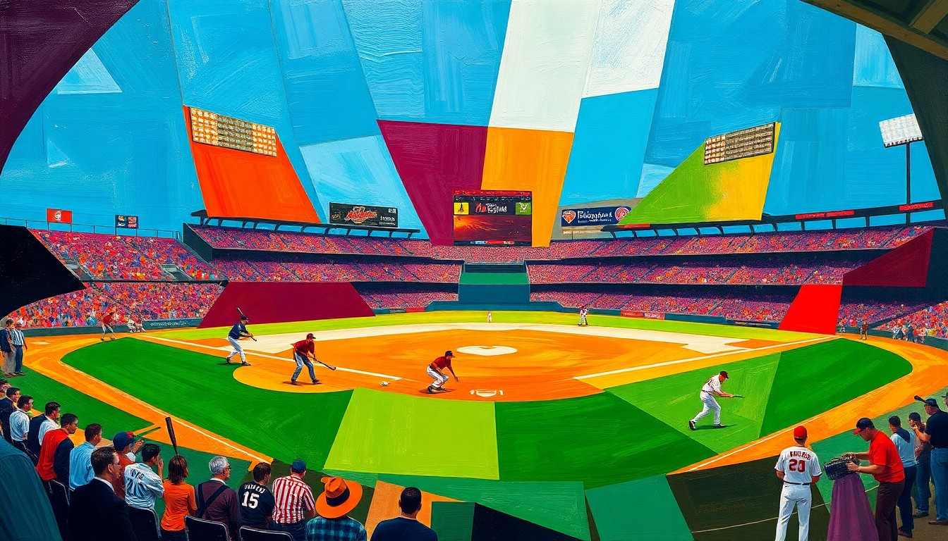 A fragmented, geometric painting in bold colors depicting the dynamic motion and competition of a college baseball game, with players, bats, and the field deconstructed into sharp, overlapping planes.