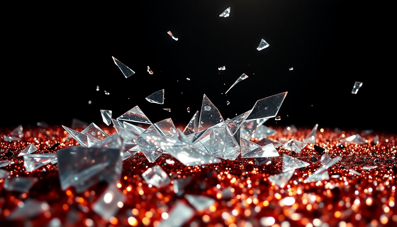 An extreme close-up photograph of shattered glass and glittering sequins, reflecting a single spotlight in a dramatic, high-contrast studio setting. The luxurious materials conceptually represent the divisive nature of Kanye West's return to the stage, where financial success has overshadowed moral controversies.