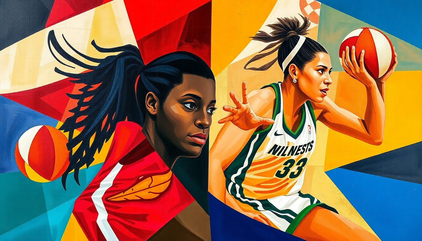 A fractured, cubist-style painting depicting the dynamic movements and energy of a WNBA basketball game, with the players' forms broken down into overlapping geometric shapes in the official team colors of the Dallas Wings and Minnesota Lynx.