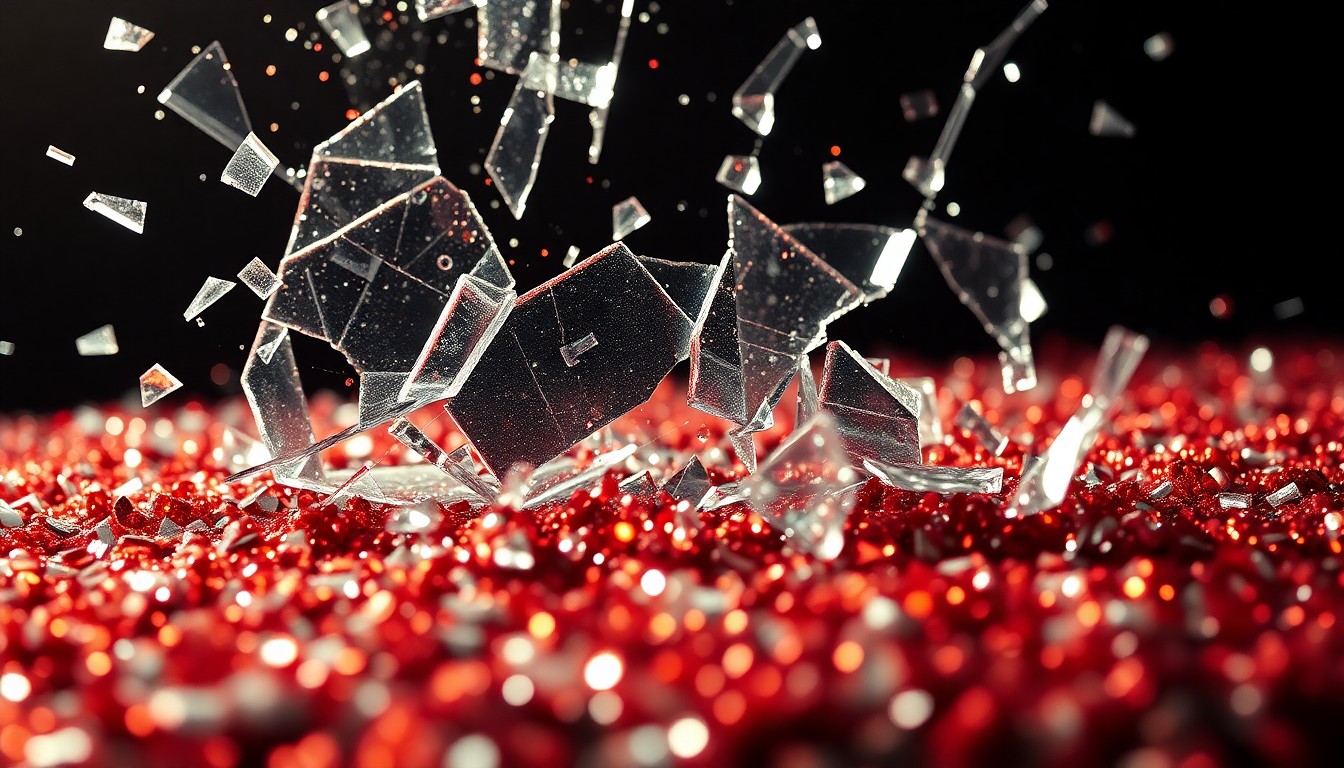 An extreme close-up of shattered glass and glittering sequins in dramatic, high-contrast studio lighting, conceptually representing the fragility and glamour of celebrity culture.