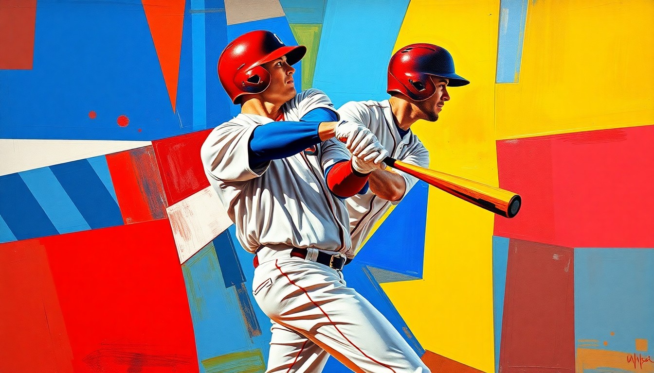 A fragmented, cubist-style painting depicting a baseball player in mid-swing, their form broken down into sharp, overlapping geometric shapes in a vibrant color palette, conveying the dynamic energy of the game.