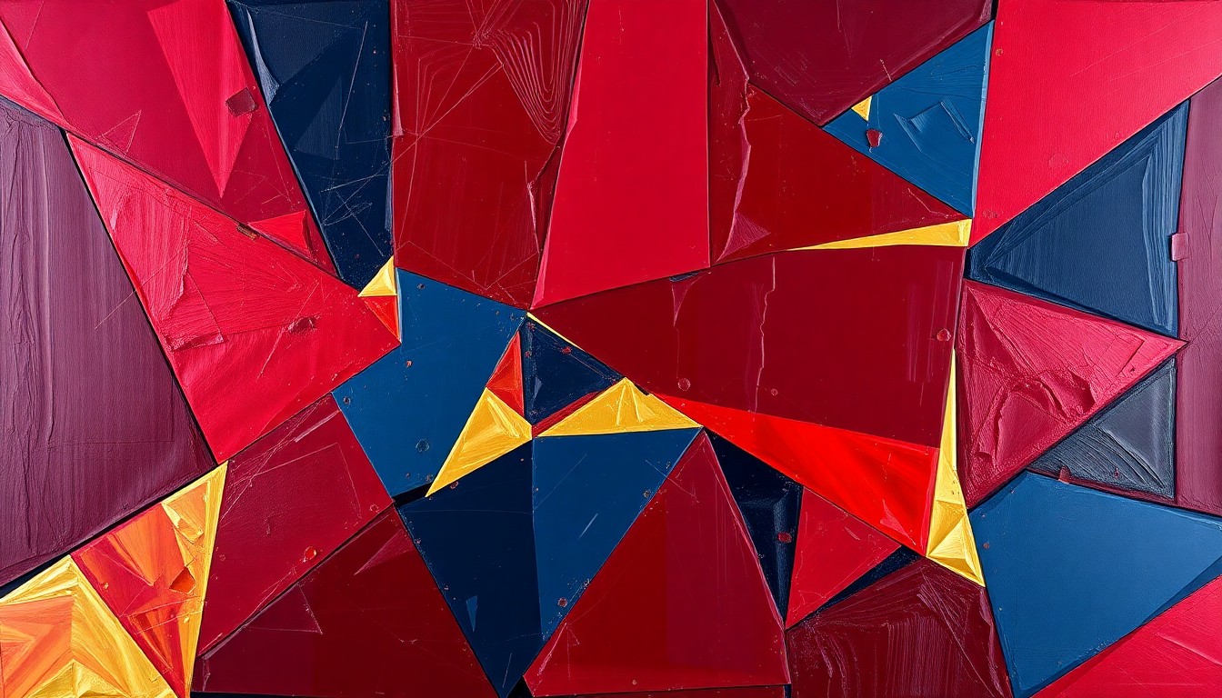 A fragmented, geometric painting depicting a Cavaliers basketball game, with sharp planes of red, blue, and gold overlapping to create a dynamic, abstract composition.