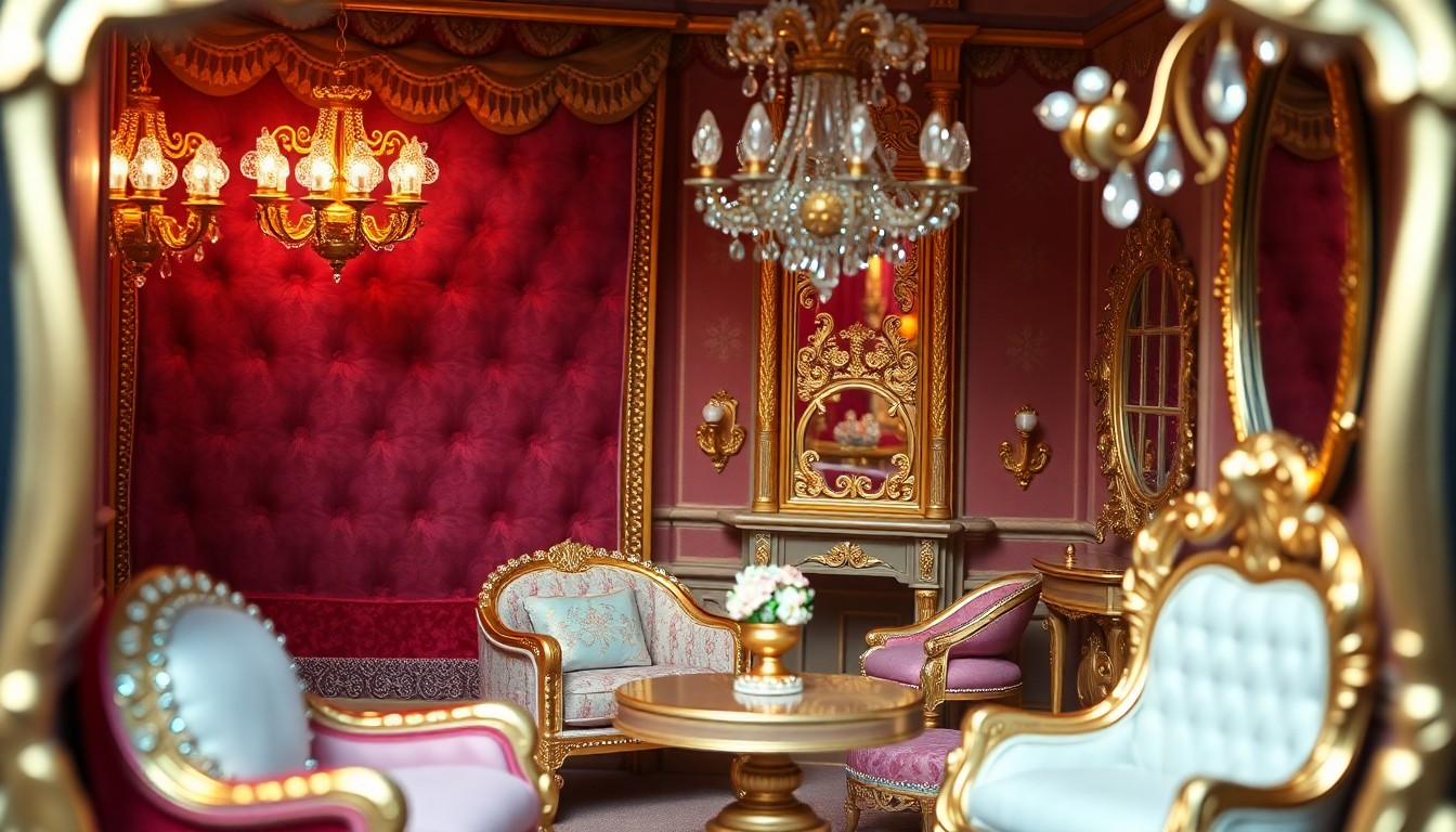An extreme close-up of a highly detailed dollhouse interior featuring luxurious textures like plush velvet, sparkling crystal, and ornate gilded accents, captured in dramatic, high-contrast studio lighting to create a glitzy, high-fashion aesthetic.