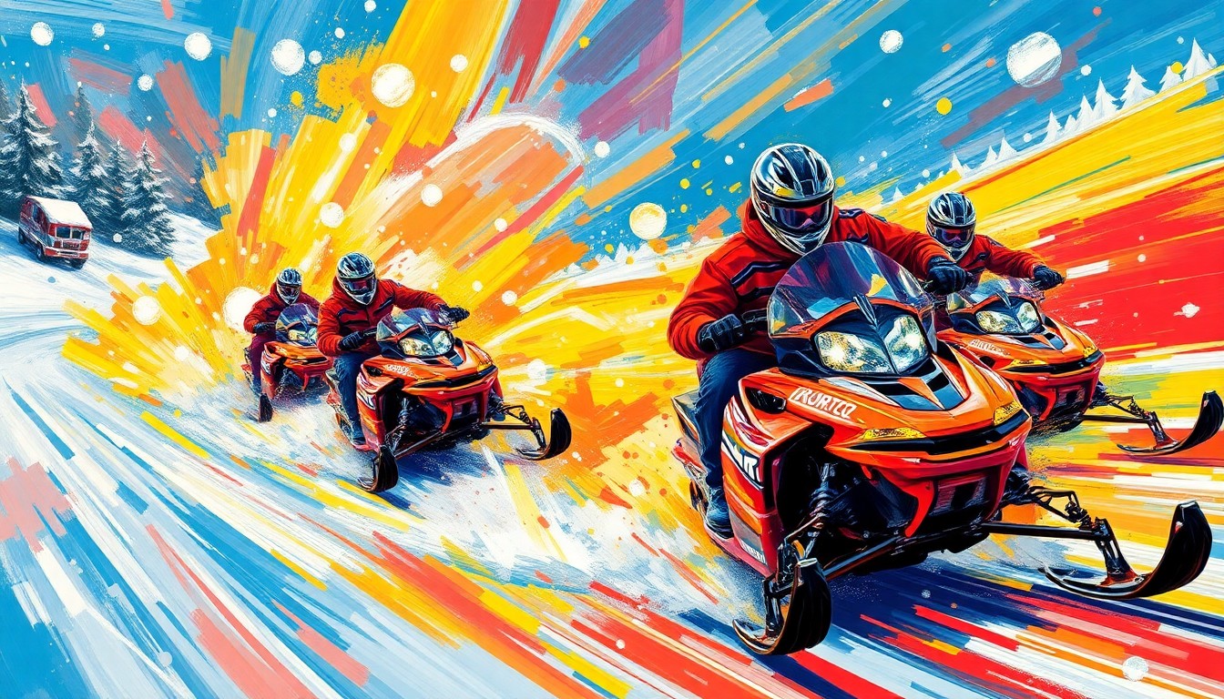 An abstract, energetic painting in neon colors depicting the dynamic motion and energy of snowmobilers racing through a snowy landscape, with the forms and figures dissolving into expressive brushstrokes.
