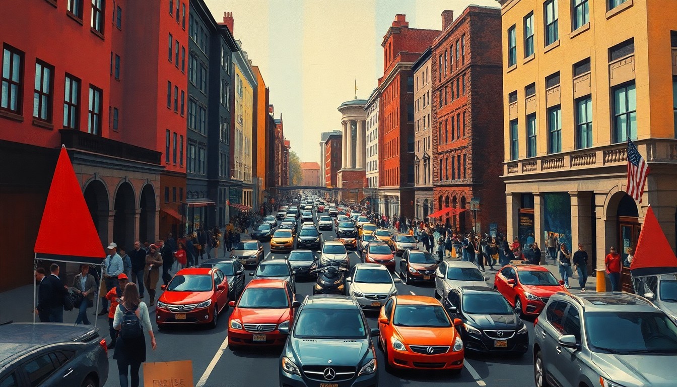 A cubist, geometric painting depicting the chaotic scene of a crowded college town street with cars, pedestrians, and police barricades, rendered in a palette of crimson, navy, and ochre.