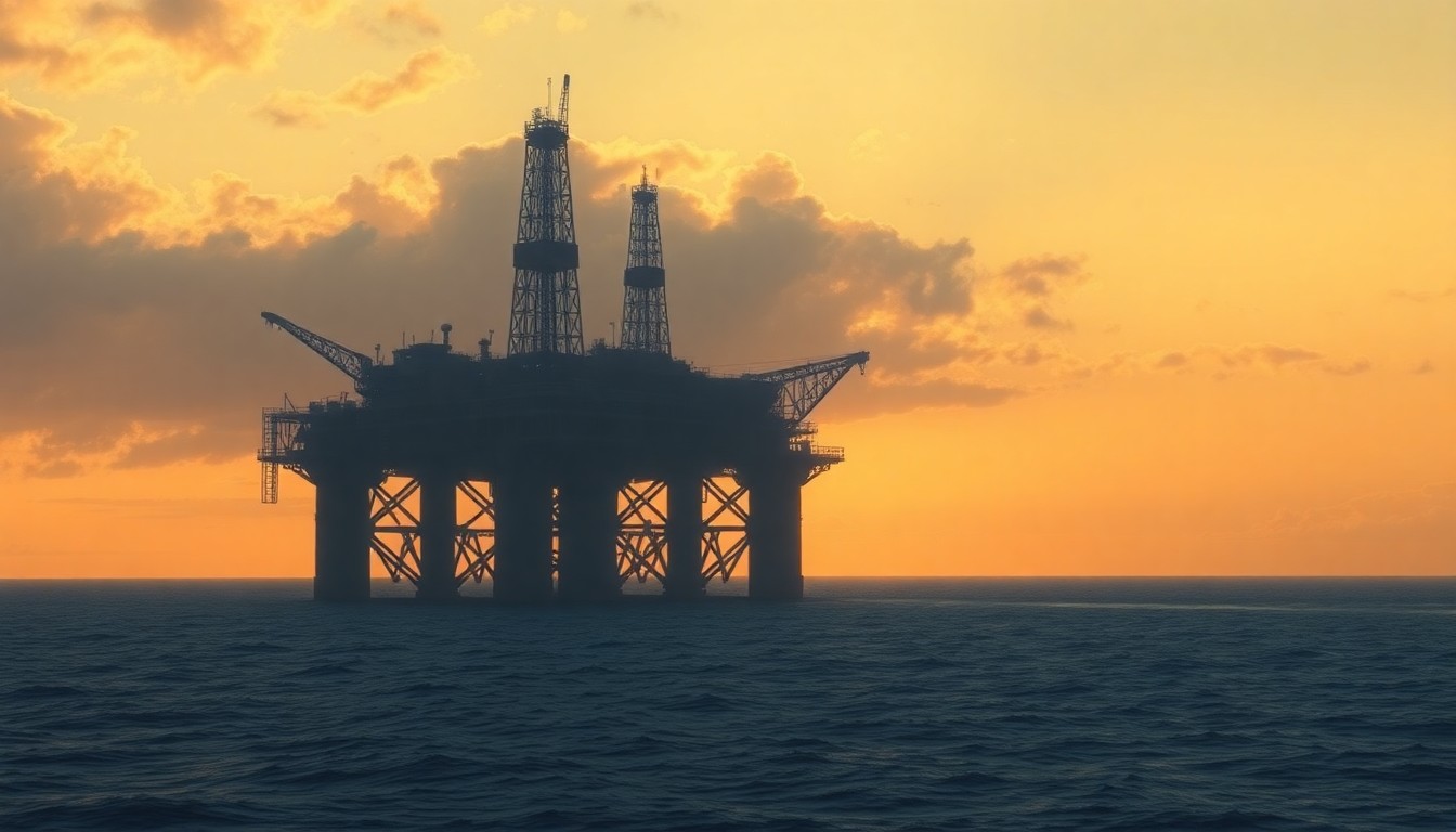 A serene, painterly depiction of a lone oil rig in the North Sea, its metal structure and machinery softened by warm, golden light and long shadows, conveying a sense of contemplation and the complex tensions surrounding the future of fossil fuel extraction.
