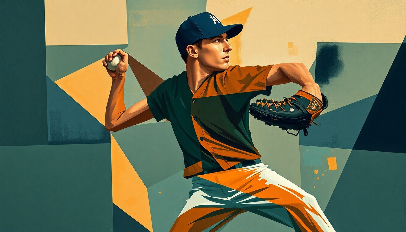 A cubist, geometric painting depicting a baseball pitcher's motion broken down into overlapping, fragmented planes of navy, forest green, and burnt orange, conceptually representing the tactical complexities of roster management in today's MLB.