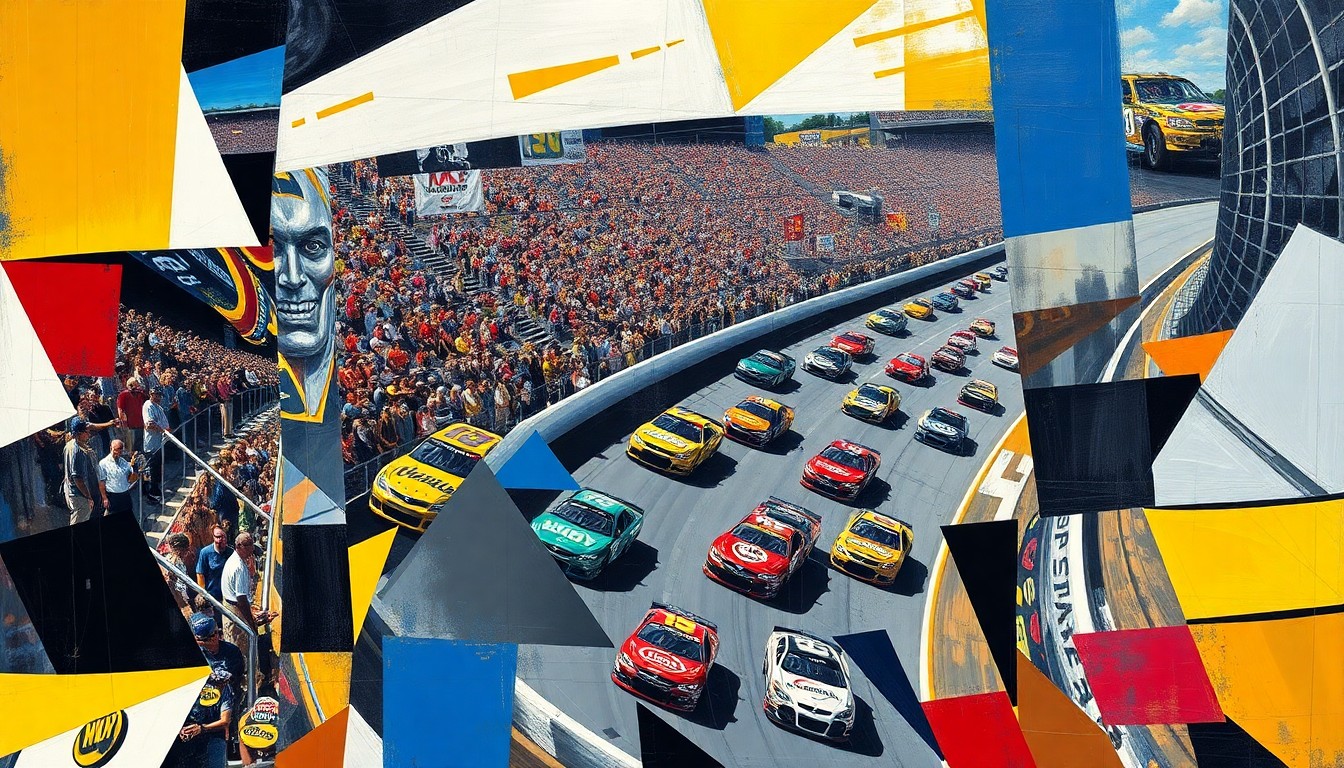 A fractured, multi-perspective painting in a cubist style, breaking down a NASCAR race at Martinsville Speedway into sharp, overlapping geometric planes and shapes, capturing the intensity and chaos of the event.
